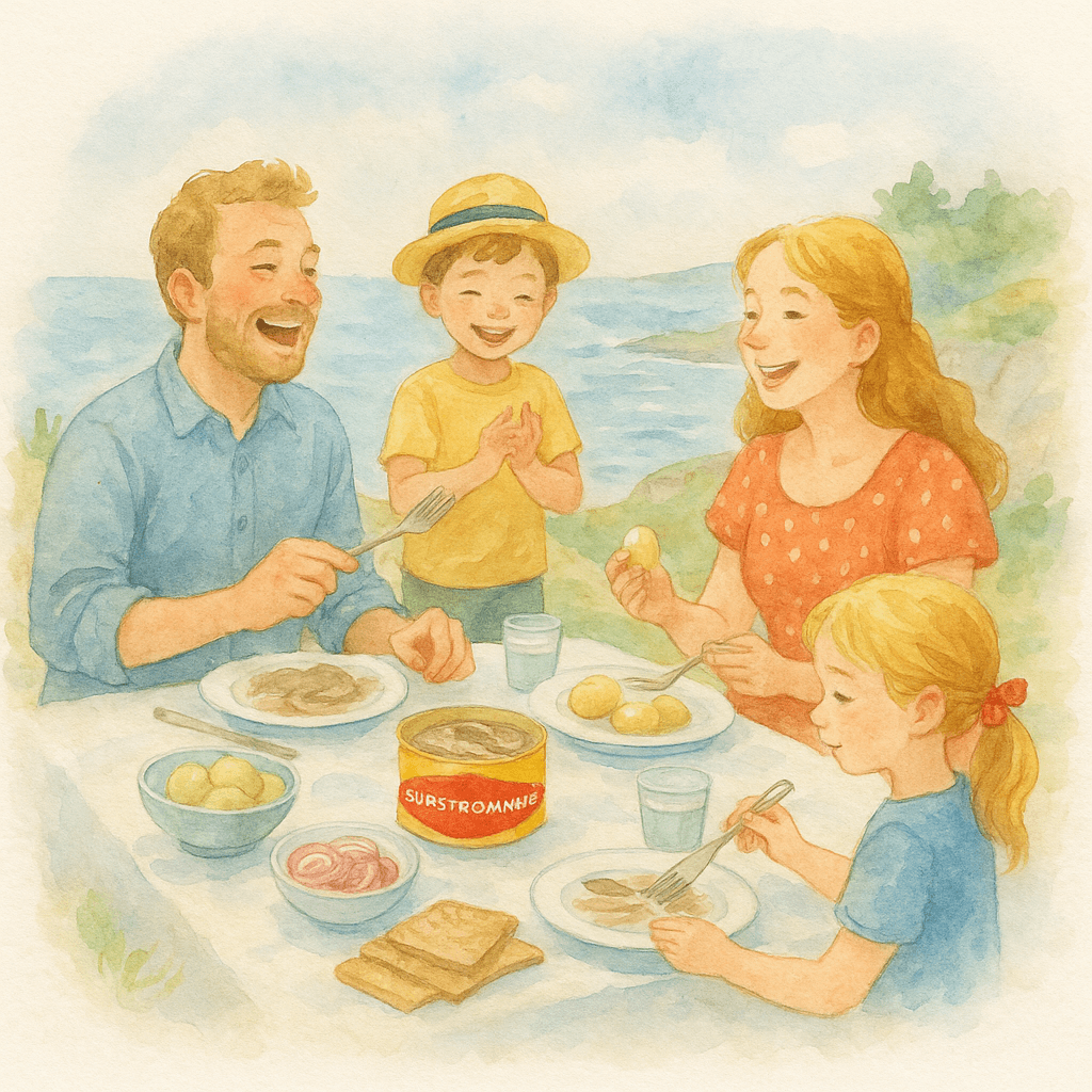 En glad och färgstark illustration av en familj som har surströmmingsskiva utomhus på en klippa vid havet.