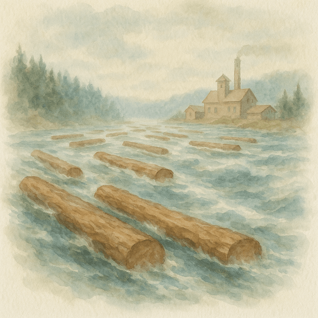 En dramatisk illustration i gammaldags stil av flottare som balanserar på timmerstockar i den strida Ångermanälven.