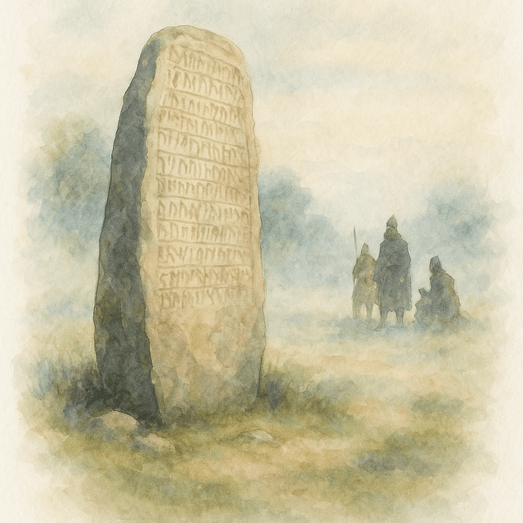 En dramatisk illustration av Rökstenen som står på ett dimmigt fält, med vikingatida figurer i bakgrunden som betraktar den.