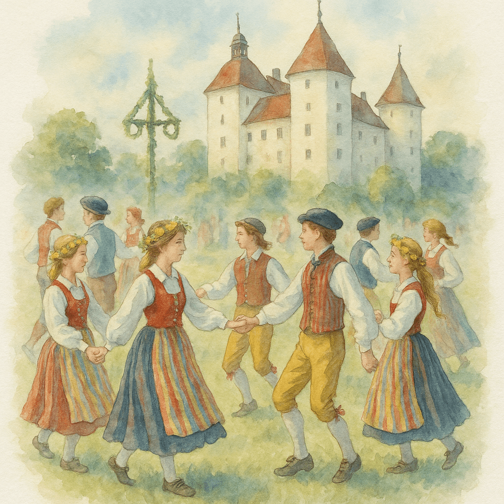 En färgglad illustration av ungdomar i Vångadräkten som dansar folkdans framför ett gammalt slott, som Ekenäs slott, under en midsommarfest.