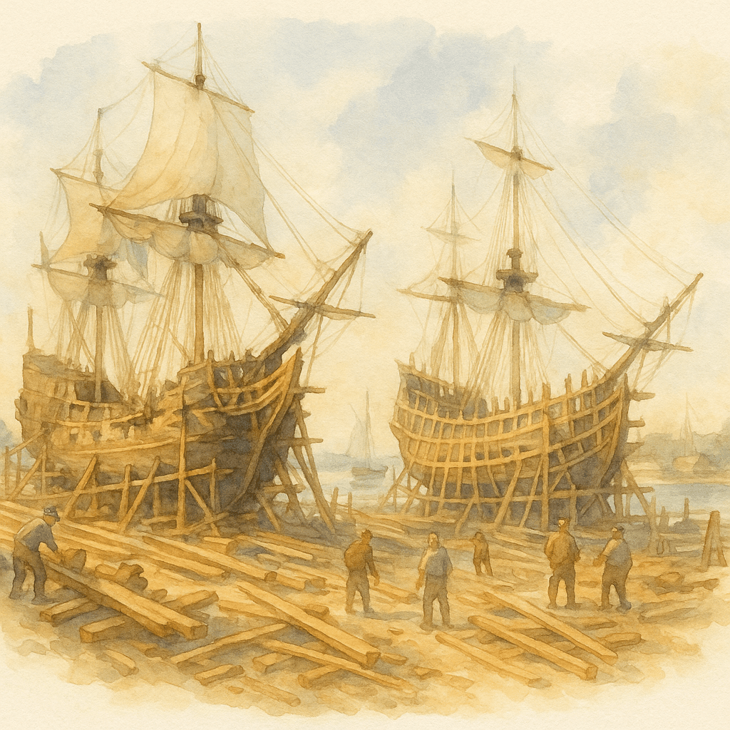 Stora segelfartyg från 1600-talet som byggs på ett varv i Karlskrona, med arbetare och timmer överallt.
