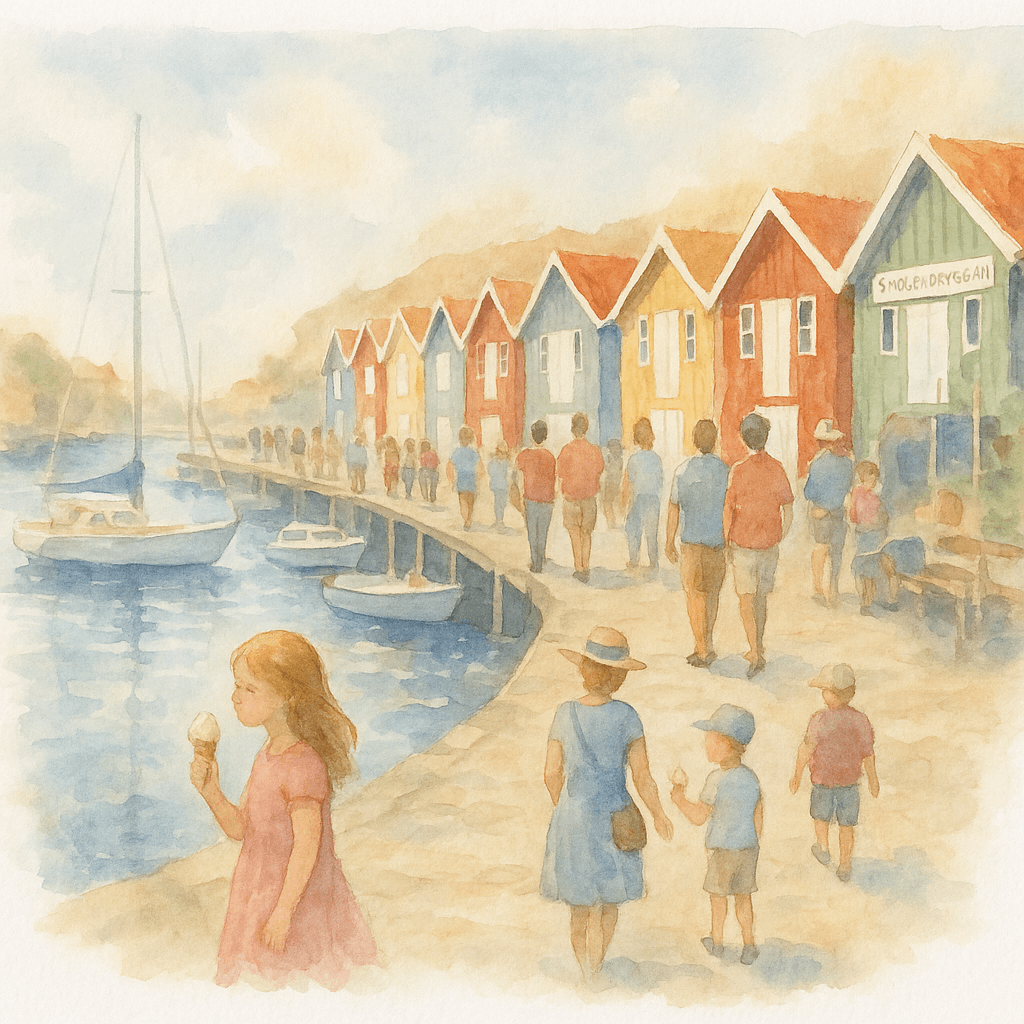 En livlig sommarscen på Smögenbryggan. Människor promenerar längs bryggan, äter glass och tittar på båtarna. De berömda färgglada sjöbodarna står på rad längs vattnet.
