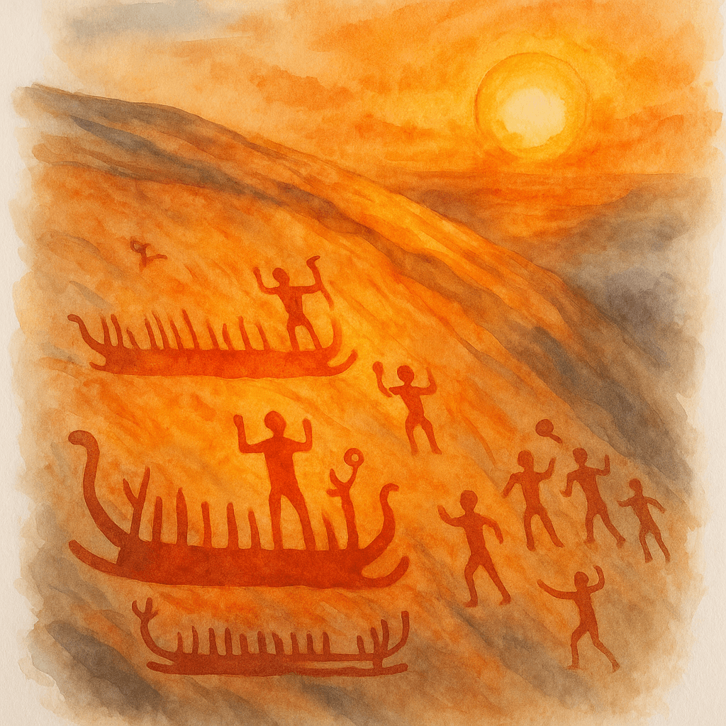 En dramatisk illustration av hällristningarna i Tanum. Solen går ner och kastar ett orange ljus över klippan, vilket får de inknackade skeppen och figurerna att se levande ut.
