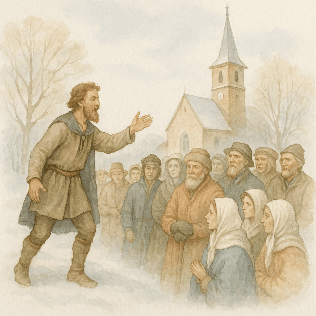 Gustav Vasa, klädd i enkla kläder, som talar passionerat till en grupp bönder och dalkarlar framför Mora kyrka en vintrig dag.