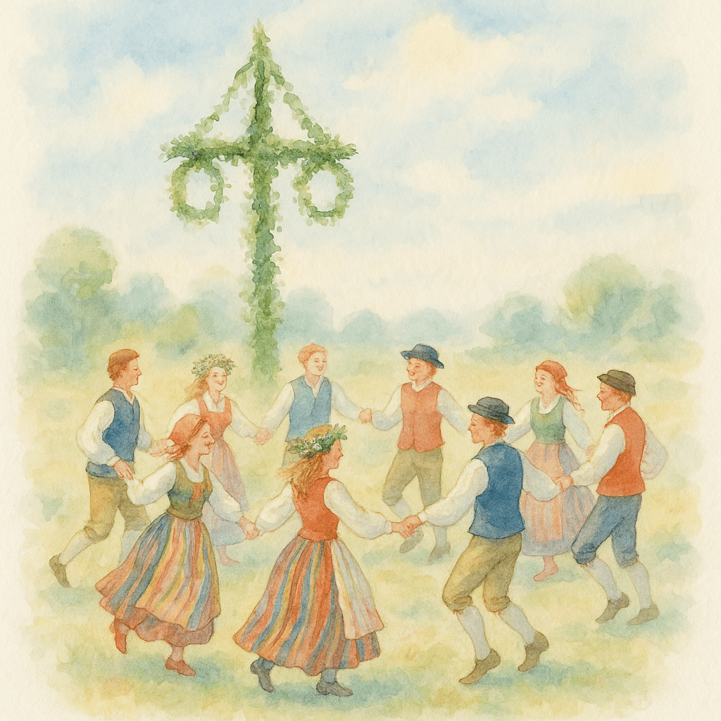 Glada människor i färgstarka folkdräkter som dansar runt en jättelik, lövad midsommarstång under en ljus sommarhimmel.