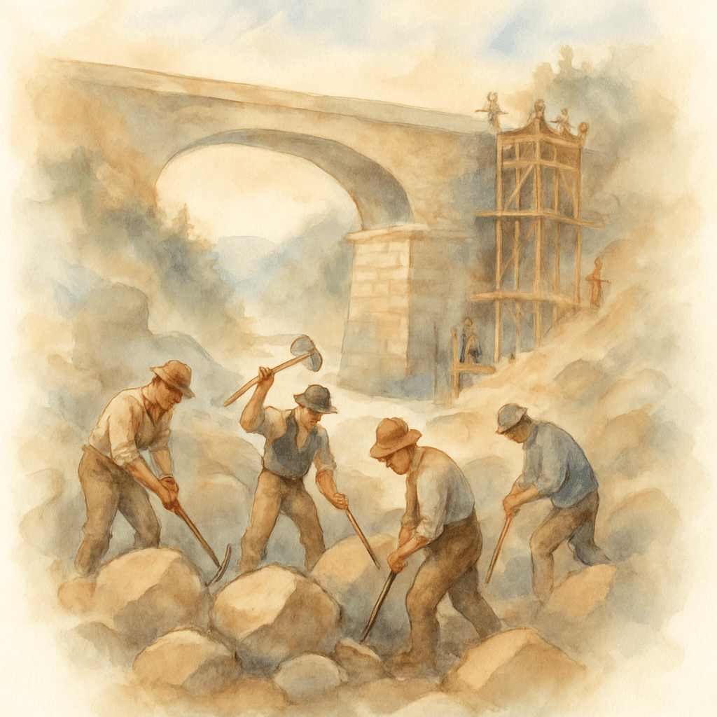 En dramatisk bild av arbetare som bygger akvedukten i Håverud på 1860-talet, med verktyg i händerna och stora stenblock runtomkring.