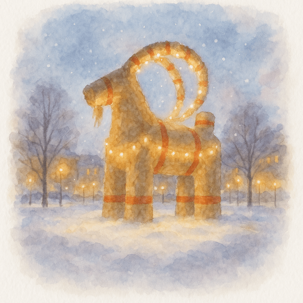 En stämningsfull bild av den stora Gävlebocken på ett snötäckt torg på kvällen, upplyst av ljus.