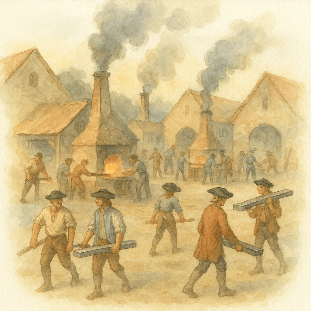 Illustration av ett myllrande järnbruk från 1700-talet, med rök från smedjor och arbetare som bär på järn.