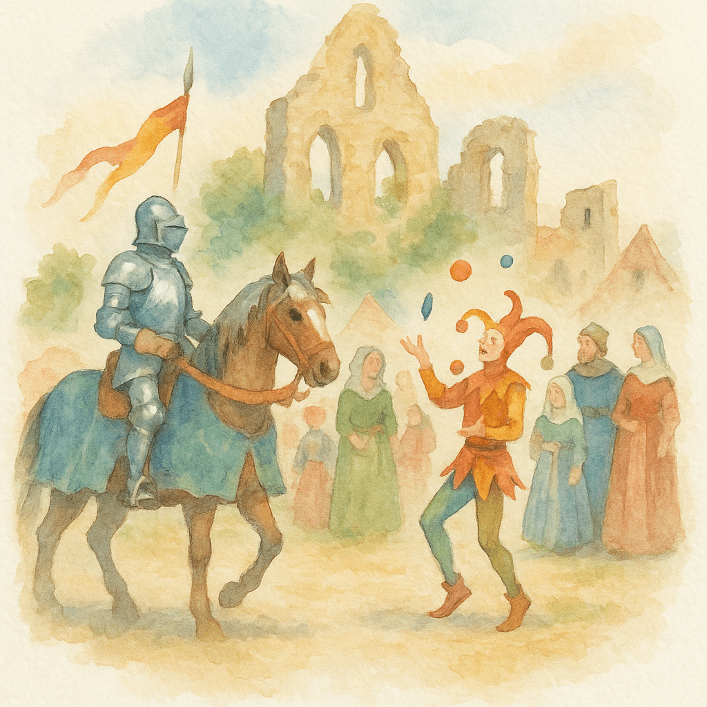 En färgglad bild av Medeltidsveckan i Visby, med riddare i skinande rustning, gycklare som jonglerar och besökare i medeltida kläder bland de gamla ruinerna.