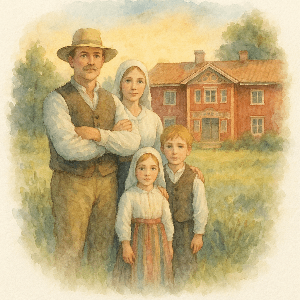 Illustration av en stolt bonde och hans familj i traditionella kläder som står framför sin rikt dekorerade Hälsingegård under en sommarkväll.