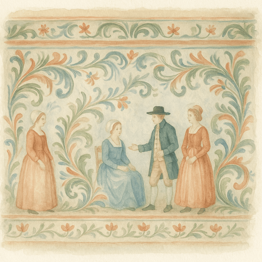 Närbild på en detaljrik väggmålning inuti en Hälsingegård, med kurbits-mönster och figurer i 1800-talskläder.
