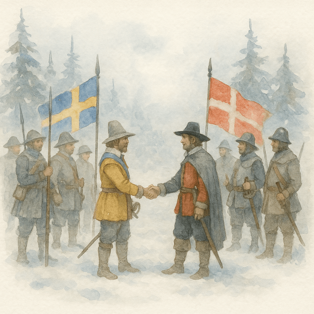En dramatisk illustration av svenska och norsk-danska soldater som möts vid gränsen under vintern 1645, med snötyngda granar och en känsla av historisk förändring.