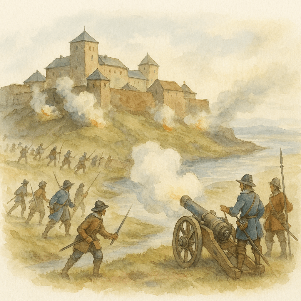 En illustration av Varbergs fästning under en belägring på 1600-talet, med kanonrök och soldater i tidstypiska uniformer.
