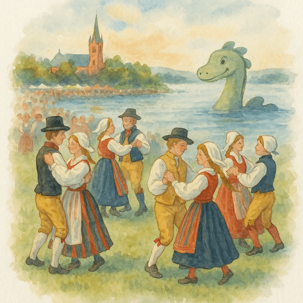 En glad, färgglad illustration av Storsjöyran-festivalen i Östersund. I förgrunden dansar folk i Jämtlandsdräkter och i bakgrunden kikar Storsjöodjurets vänliga huvud upp ur Storsjön.