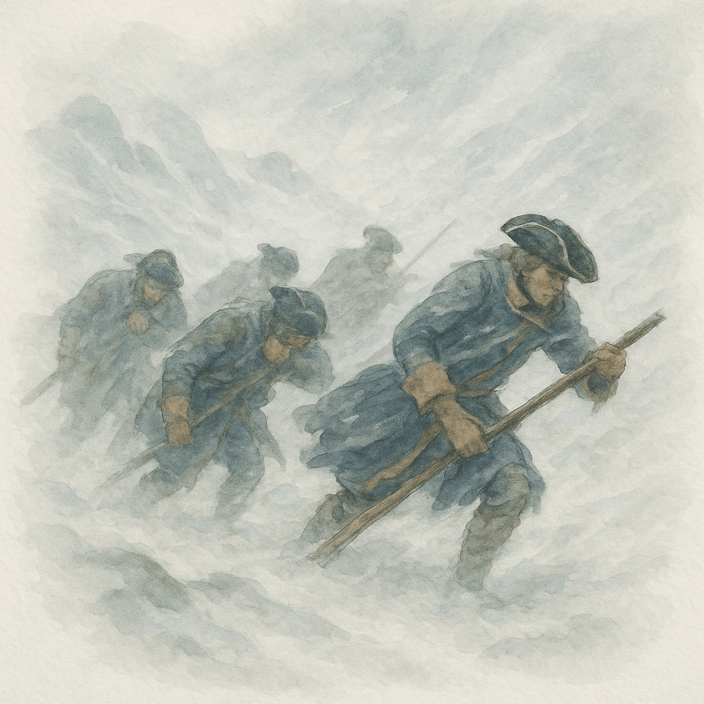 En dramatisk illustration av utmattade karolinersoldater som kämpar sig fram genom en snöstorm i de jämtländska fjällen, med vinden som sliter i deras uniformer.