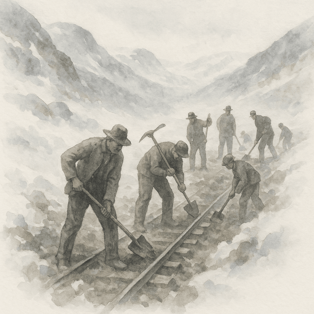 En gammal, dramatisk svartvit bild av rallare som bygger Malmbanan genom ett snöigt och bergigt landskap. De använder enkla verktyg som spadar och spett.