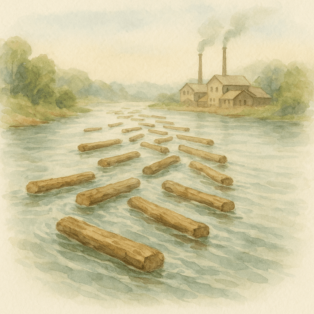 En gammaldags illustration av timmerflottning på en bred älv, med stockar som flyter mot ett sågverk med rykande skorstenar i bakgrunden.