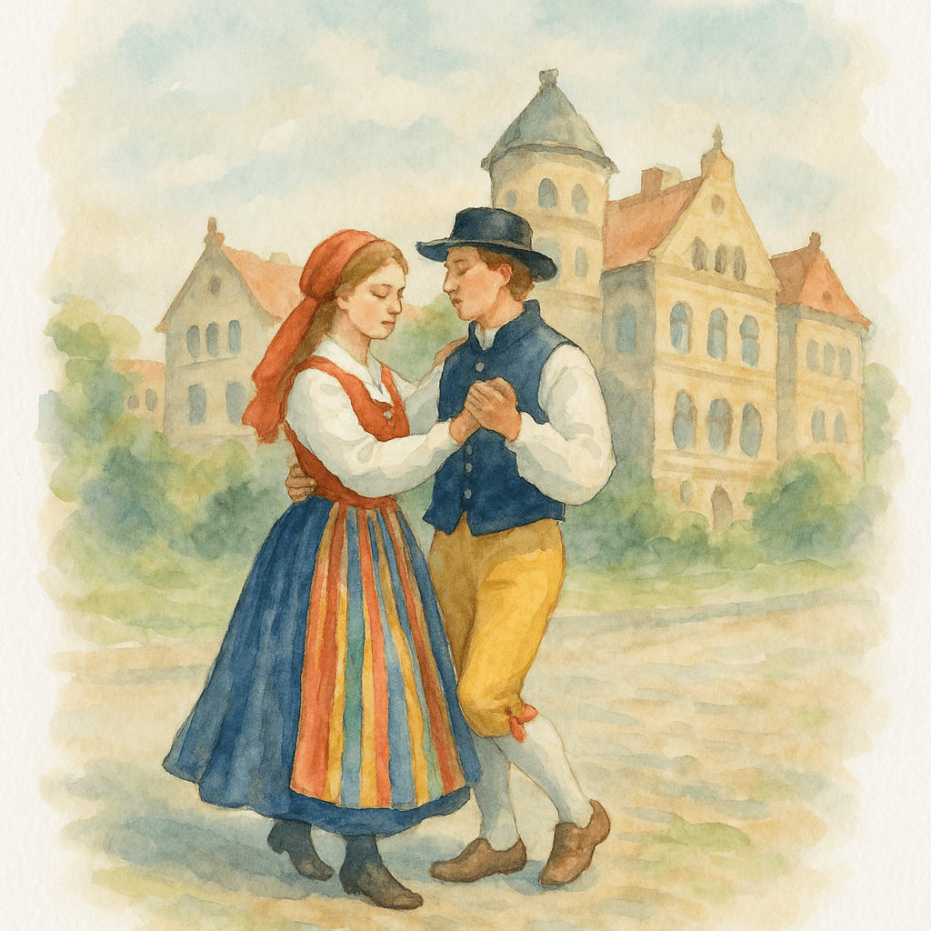 Ett par i färgstarka Medelpadsdräkter som dansar folkmusik framför de vackra stenhusen i Sundsvall.