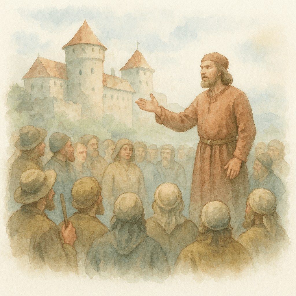 En dramatisk illustration av Engelbrekt Engelbrektsson som talar till en folkmassa av bönder och gruvarbetare framför en medeltida borg.