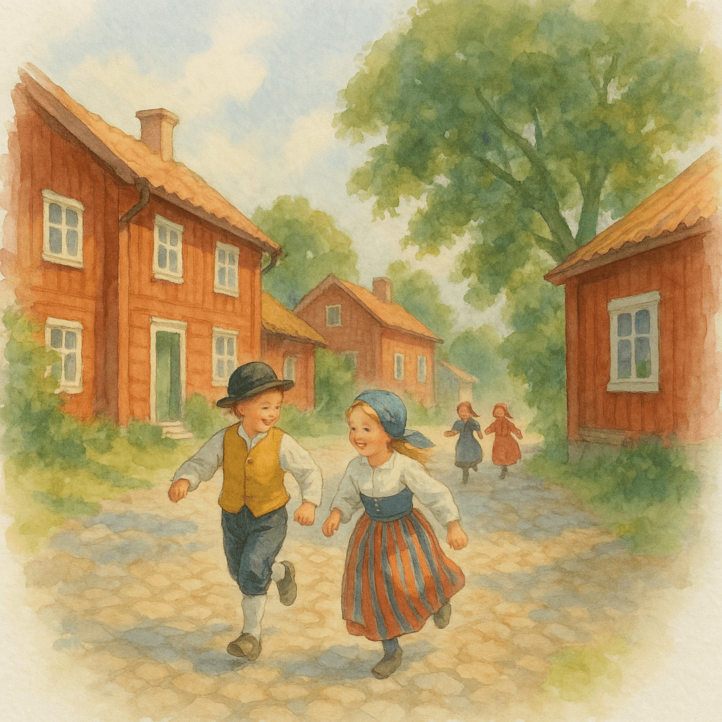 En livlig bild av Wadköping en sommardag, med barn i folkdräkt som springer på kullerstensgatorna mellan röda trähus.