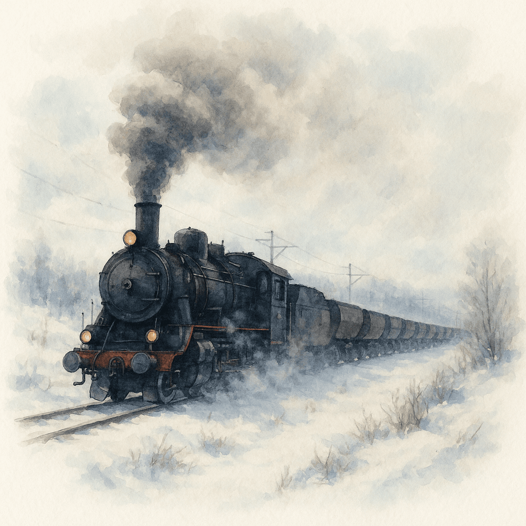 Ett gammalt svart ånglok på Malmbanan som pustar ut rök i den kalla luften, medan det drar långa rader av vagnar fyllda med mörk järnmalm genom ett snötäckt landskap.