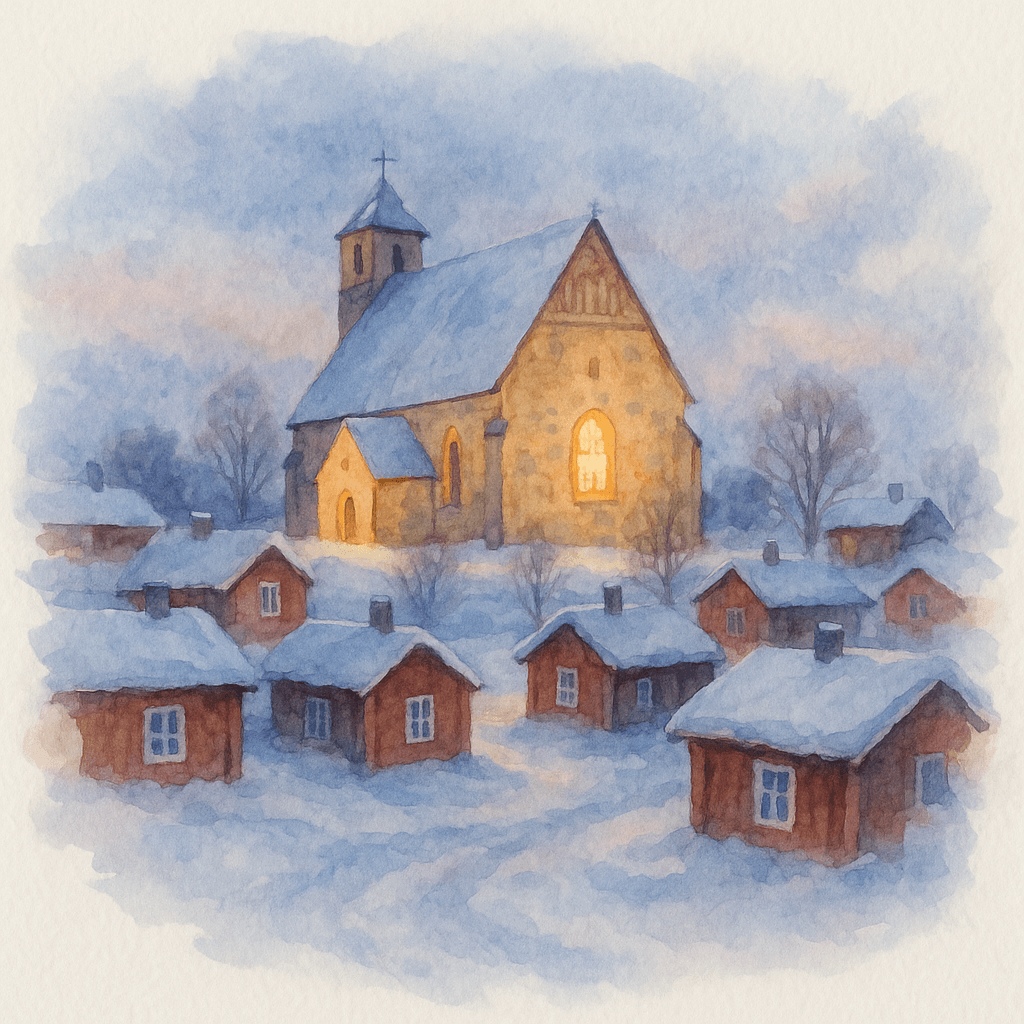 Gammelstads kyrkstad i vinterskrud, med snö på taken till de små röda stugorna och den stora medeltida stenkyrkan som lyses upp i skymningen.