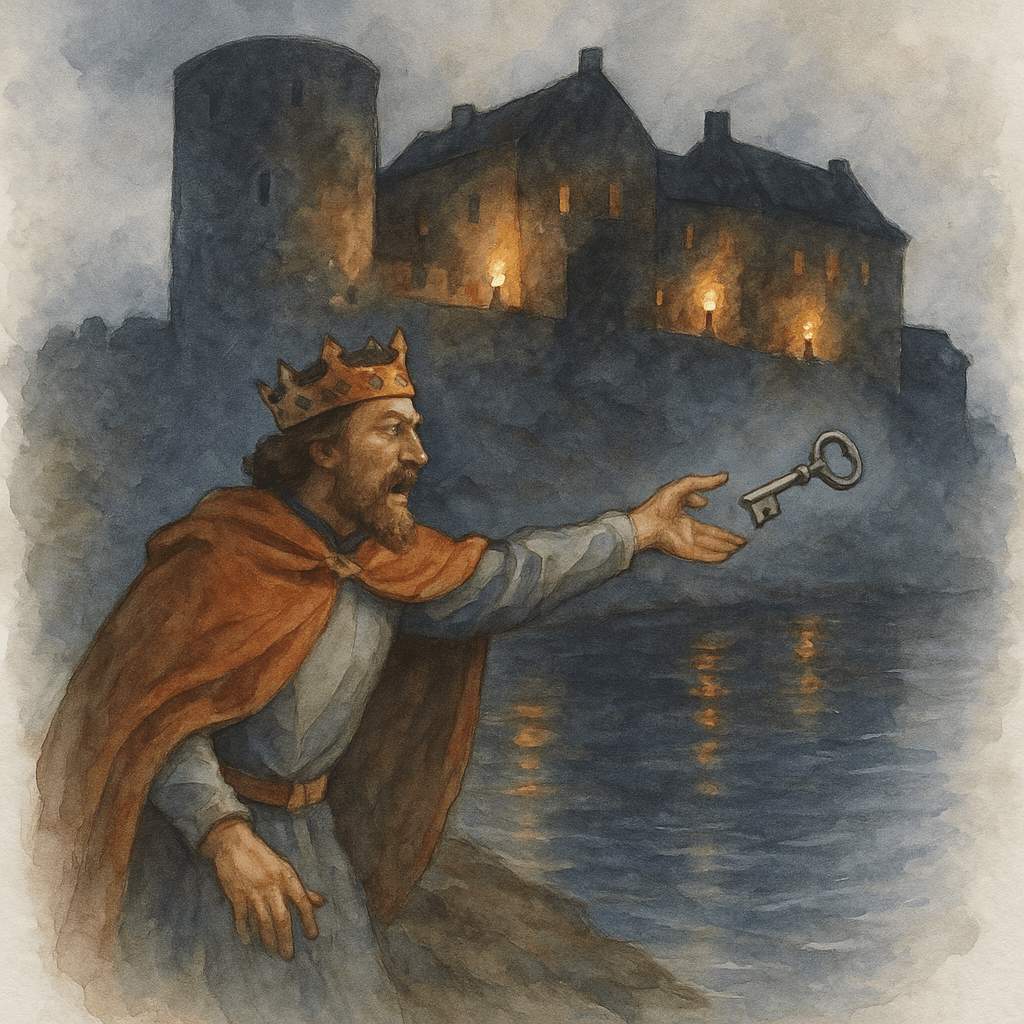 En dramatisk illustration av Nyköpings gästabud, där kung Birger kastar nyckeln till fängelsetornet i ån, med det mörka slottet upplyst av facklor i bakgrunden.