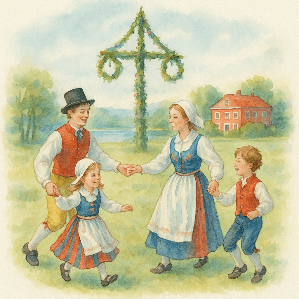 En glad familj i de färgstarka folkdräkterna från Vingåker som dansar runt en midsommarstång. I bakgrunden syns en röd herrgårdsbyggnad och en sjö.