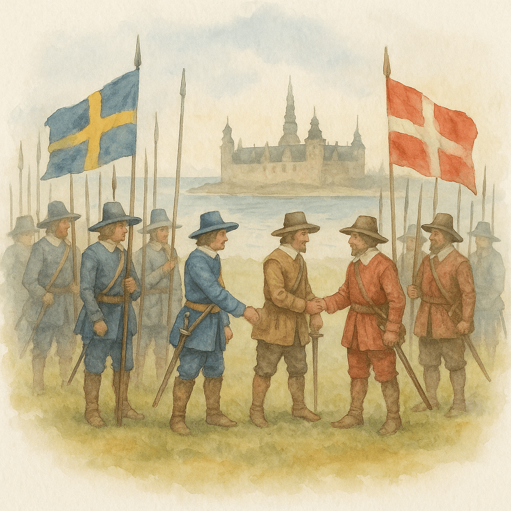 En dramatisk illustration av svenska och danska soldater från 1600-talet som möts på ett fält, med Öresund och Kronborgs slott i bakgrunden.