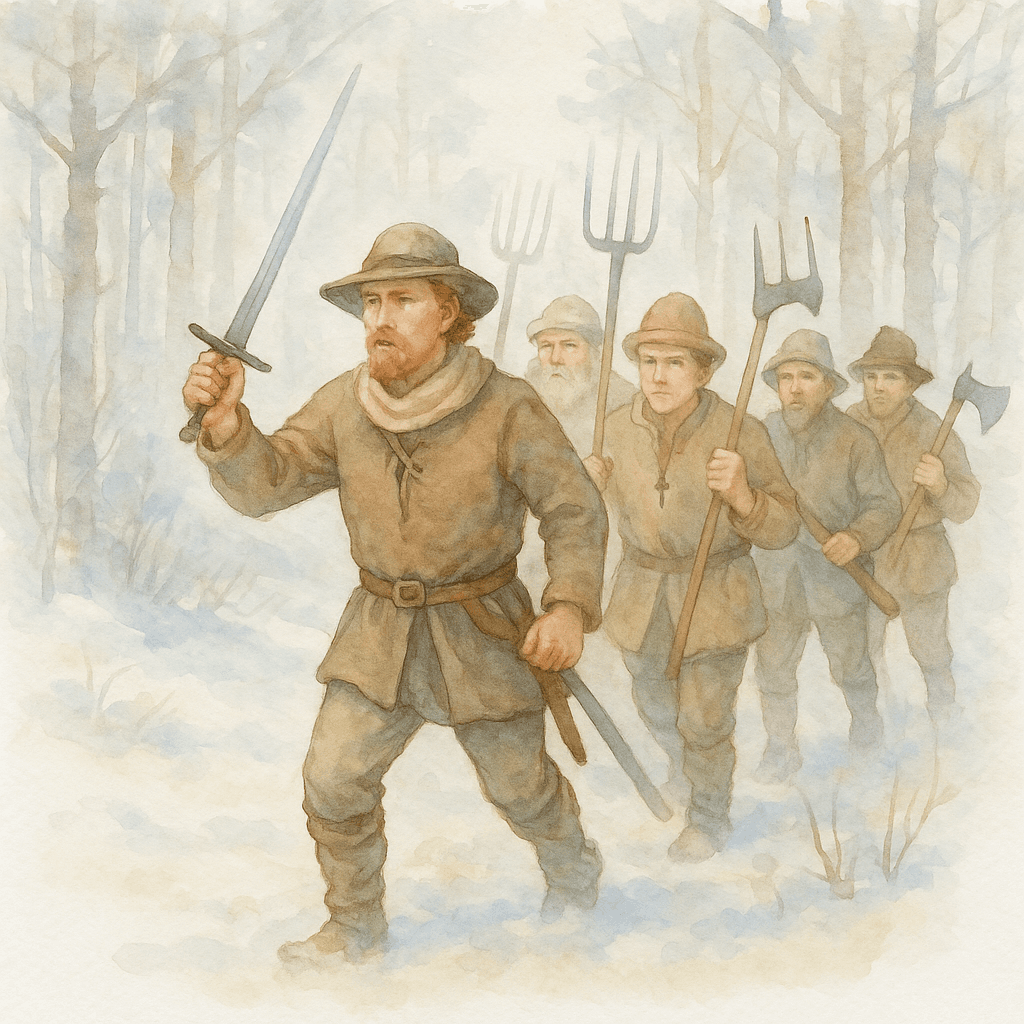 En dramatisk illustration av Nils Dacke som leder en grupp bönder med högafflar och yxor genom en snöig skog, i protest mot kungens soldater.