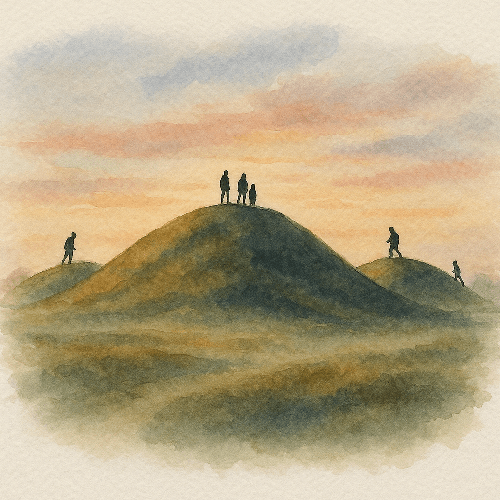 De tre majestätiska kungshögarna i Gamla Uppsala i skymningen, med silhuetter av människor som går på dem.