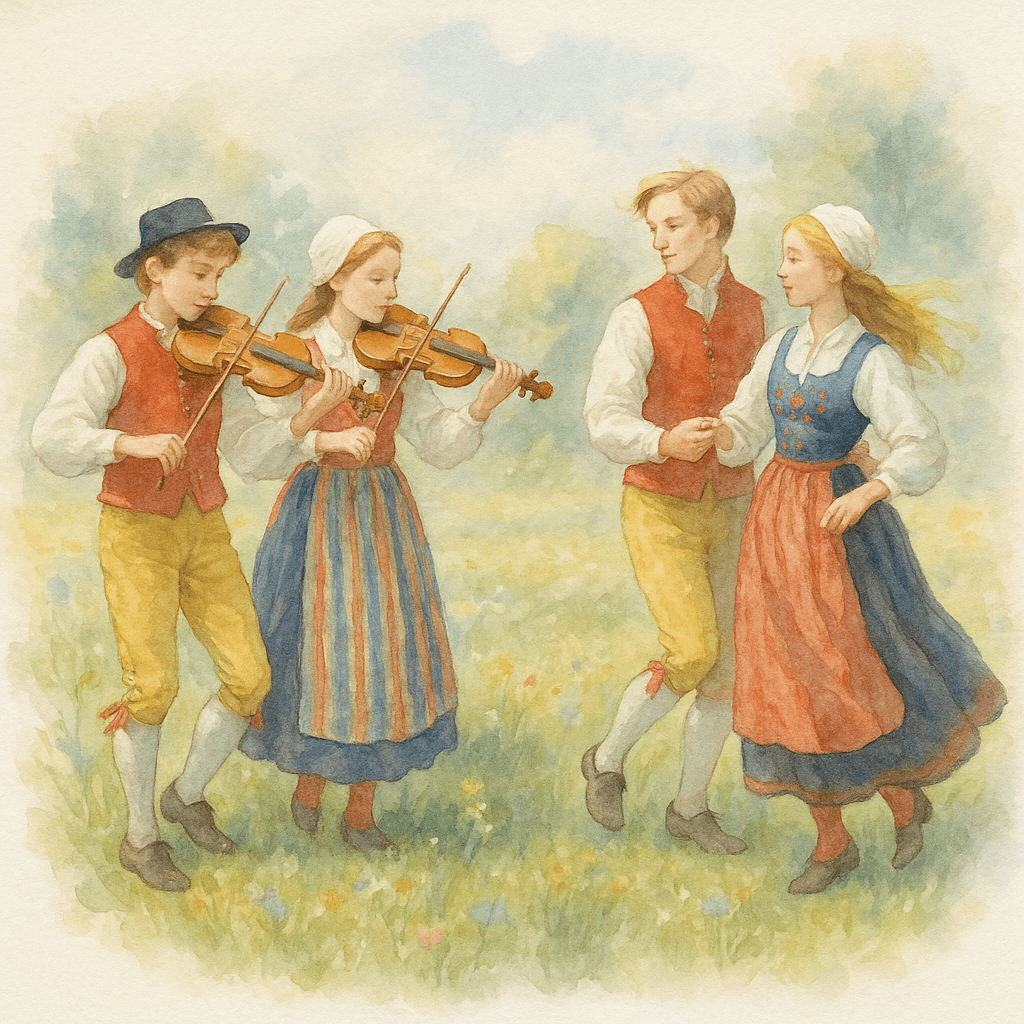 En grupp ungdomar i färgglada värmländska folkdräkter som spelar fiol och dansar på en sommaräng.