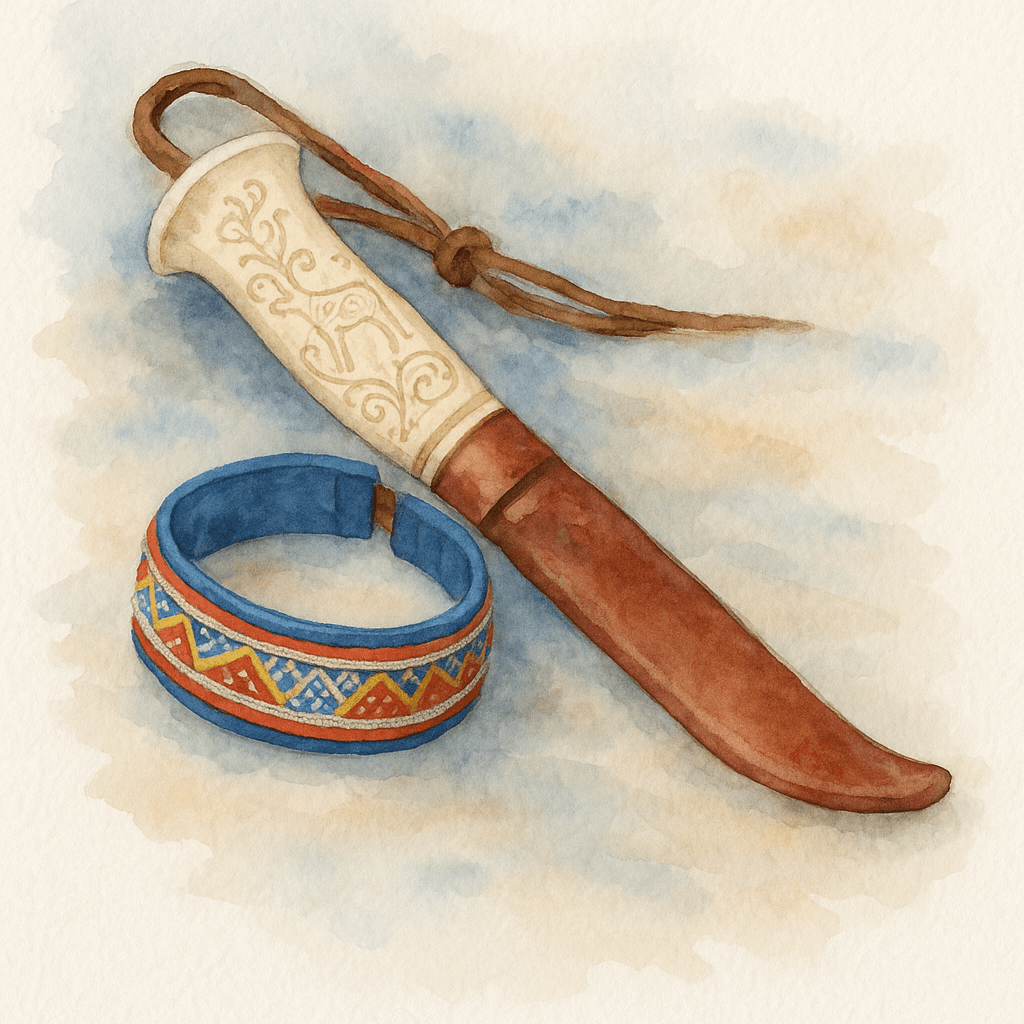 En närbild på ett par vackert dekorerade samiska hantverk, som en kniv med graverat renhornsskaft och ett färggrant armband av tenntråd.
