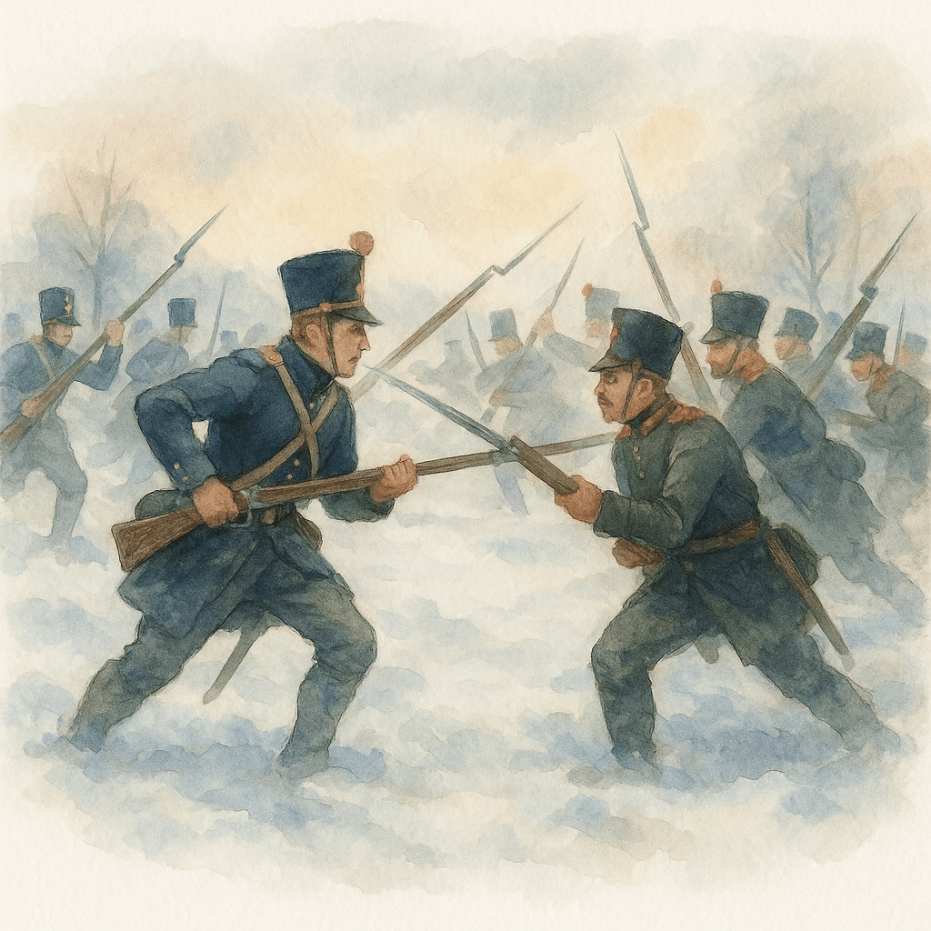 Dramatisk illustration av svenska och ryska soldater i 1800-talsuniformer som strider i ett snöigt landskap under slaget vid Sävar