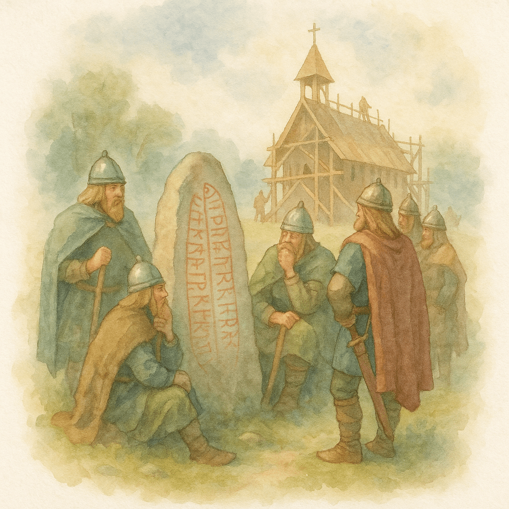 Illustration av vikingar som samlas vid en runsten, medan en tidig träkyrka byggs i bakgrunden.