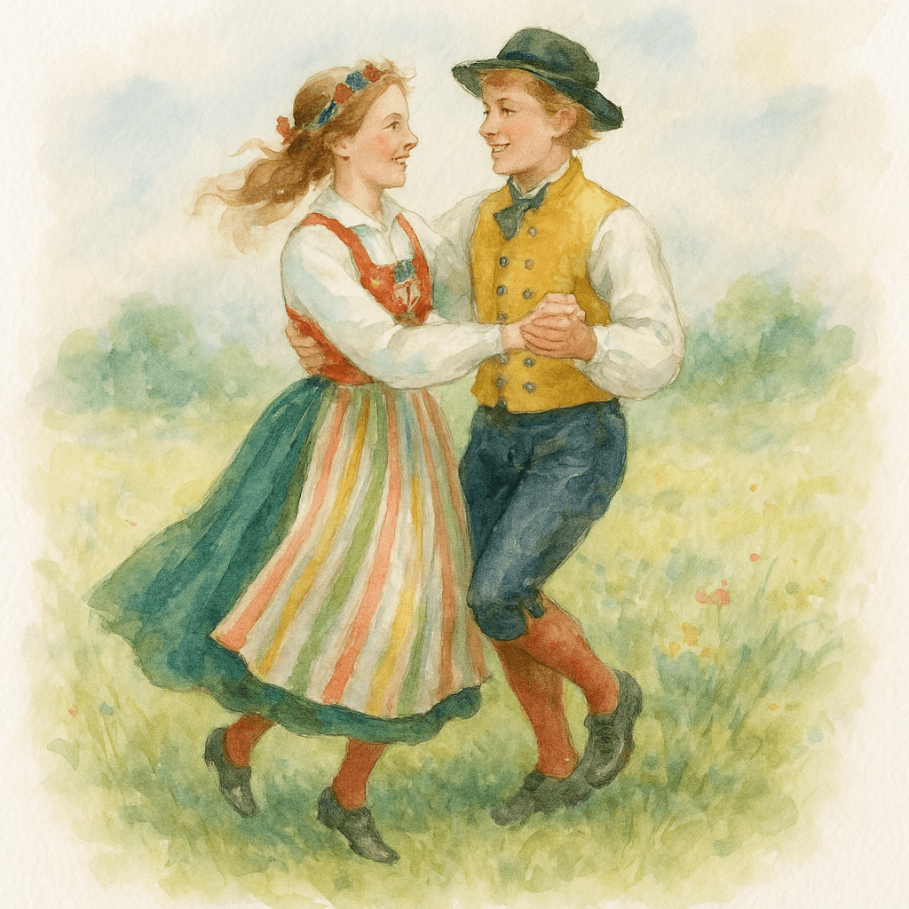 En glad och färgstark illustration av ett ungt par i Vadsbodräkten som dansar på en sommaräng.