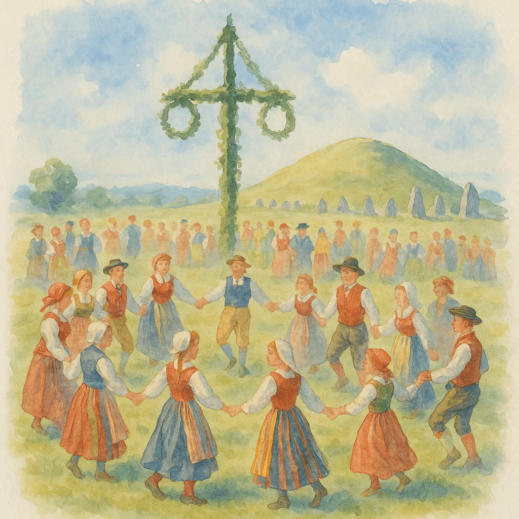 En glad sommarfest vid Anundshög. Människor i färgstarka västmanländska folkdräkter dansar runt en lövad majstång, med den mäktiga gravhögen och stenskeppen i bakgrunden under en blå himmel.