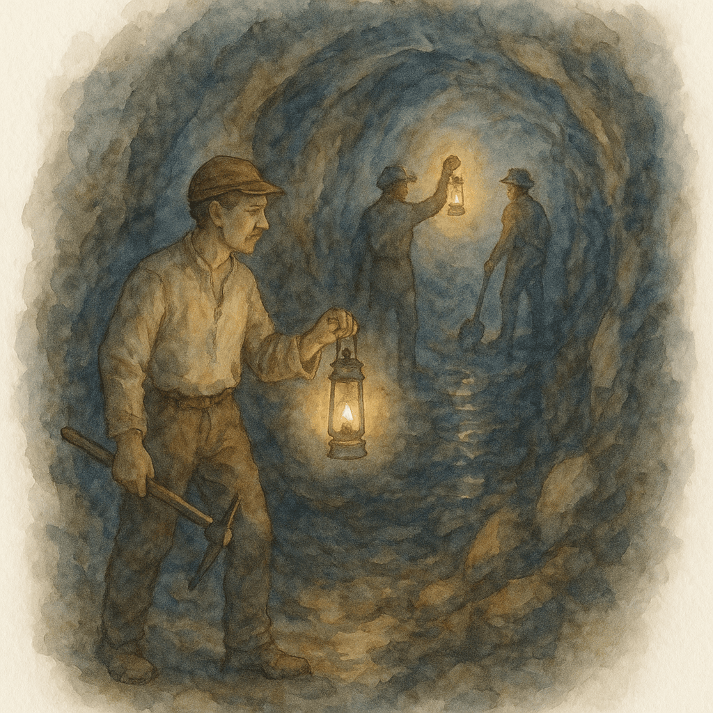 En dramatisk illustration av gruvarbetare med fotogenlampor och enkla verktyg djupt nere i Sala silvergruvas mörka, glimrande gångar.